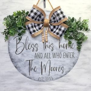 Bless this home and all who enter, personalized 14&quot; round door hanger/wreath/sign, choose your bow, comes ready to hang