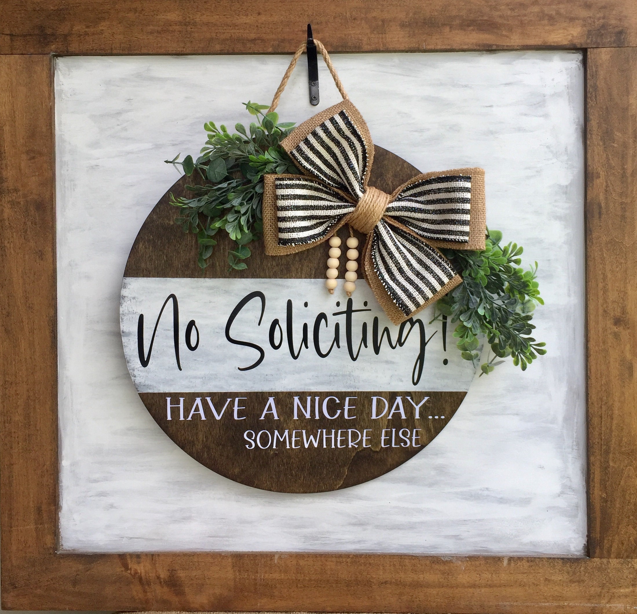 Wooden No Soliciting Sign - Round Do Not Knock Door Hanger For Porch Home