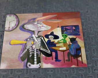 5x7"in POSTCARD, "Beating Death at His Own Game." from the original Acrylic Painting on canvas by Mike Fahl