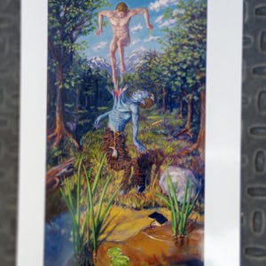 5X7" em CARTÃO POSTAL "Matando um Sátiro em um Santo", a imagem é da pintura a óleo original do artista Mike Fahl