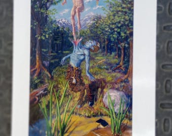 5X7"in POSTCARD "Killing a Satyr into a Saint", image is from the original oil painting by artist Mike Fahl