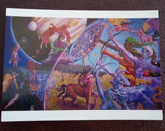 5x7"in POSTCARD, "Mythos Intersects Theos", a mythic centaur Sagittarius fire signs, against The Devil oil painting