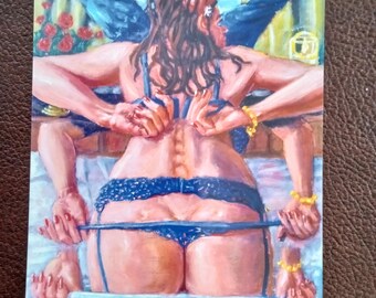 5X7"in POSTCARD, "Durga Dressing" aka "the Monica Lewinsky"  , art from the oil painting made by street artist Mike Fahl