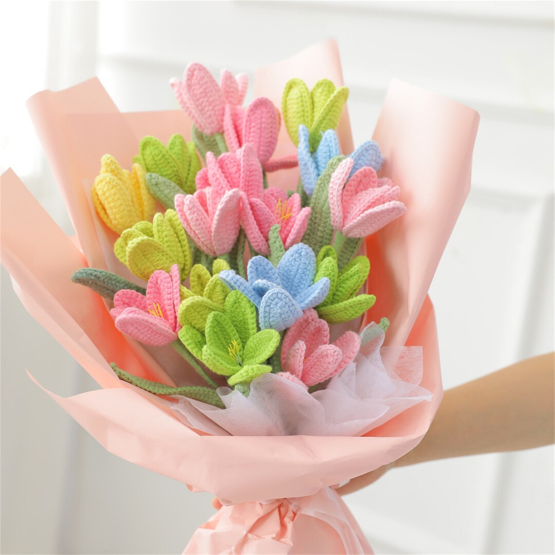 Tulip Flower Knitted Flower Bouquet A Bunch of Flowers Tulip Etsy