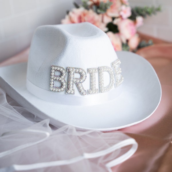 Bride Cowboy Hat, Bride Gift, Bride Pearl, Bride Hat, Bride Veil, Nashville Bachelorette,  Bachelorette Party, Hen Party