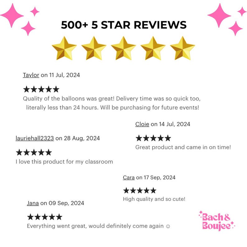 May include: Screenshot of a website with 5 star reviews for a business called "Bach & Boujee". The reviews are positive and mention the quality of the products and the speed of delivery.