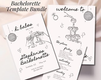 Modern Black White Bachelorette Party Template Bundle Itinerary Invitation Welcome Sign Bachelorette Weekend Illustrated Hen Party Invite