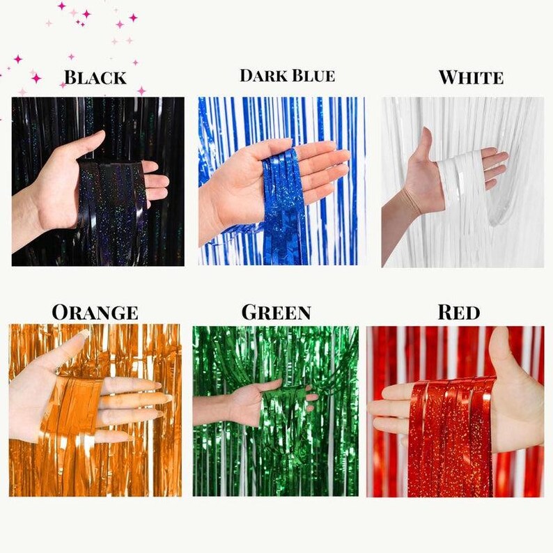 May include: A collection of six metallic foil fringe curtains in black, dark blue, white, orange, green, and red. Each panel consists of long, thin, reflective strips designed to hang vertically, showcasing the vibrant color and texture.
