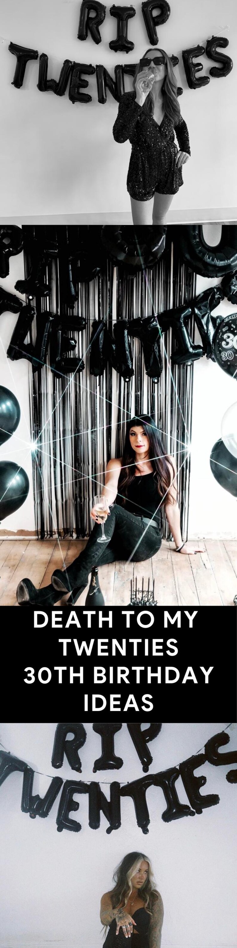 May include: A black and white photo of a woman celebrating her 30th birthday with black balloons that spell out "RIP Twenties".