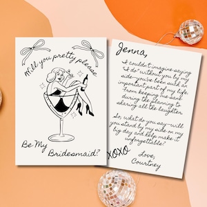 Plantilla editable Propuesta de dama de honor Vintage Retro ¿Quieres ser mi dama de honor? Tarjeta de propuesta Martini Pretty Please Be My Maid Of Honor Divertida