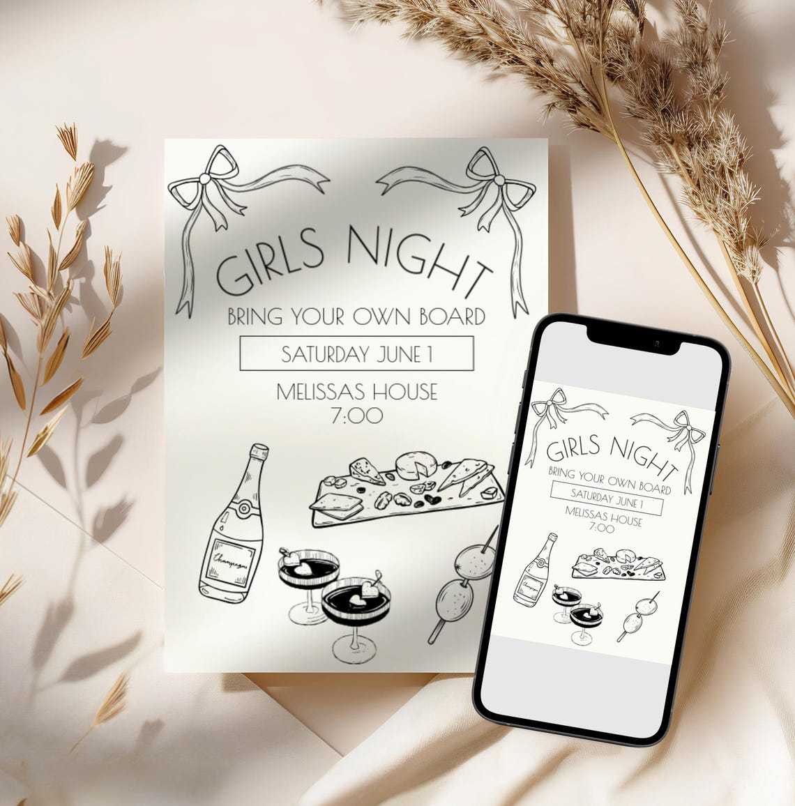 Girls Night Invitation Hand Drawn Charcuterie Night Bring Your Own ...