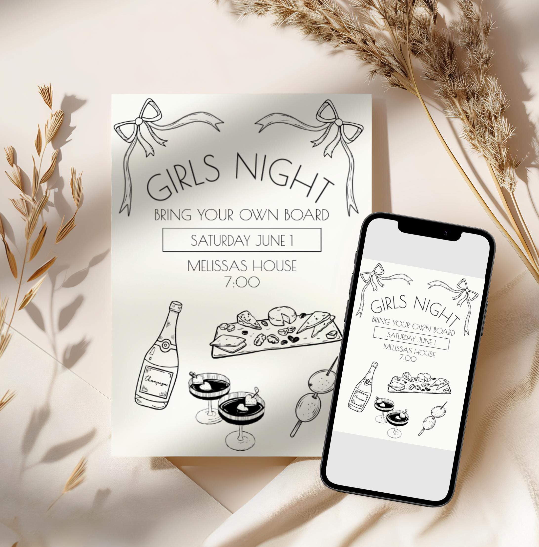 Girls Night Invitation Hand Drawn Charcuterie Night Bring Your Own ...