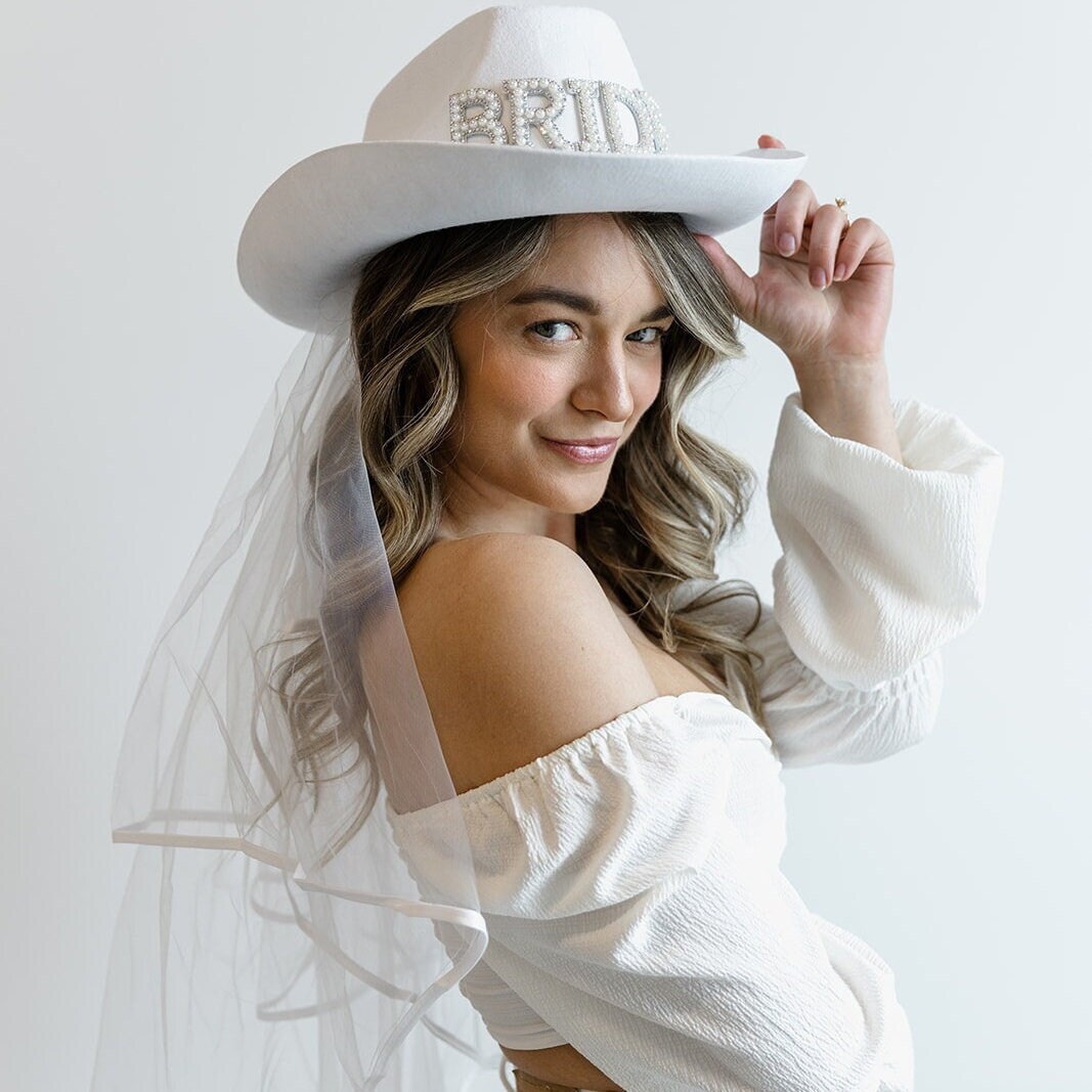 Embroidered Cowgirl Hat with Veil Felt Western Bride Bachelorette Accessory Bride Cowgirl Hat With Veil: Western Bachelorette Party  main image 4