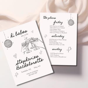 Invitación de despedida de soltera en blanco y negro con champán, ilustración minimalista, moderna, itinerario de despedida de soltera, plantilla de invitación para despedida de soltera