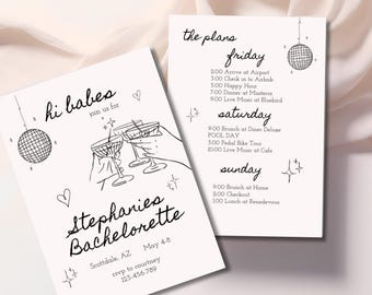 Champagne Black White Bachelorette Invitation Illustrated Minimalist Modern Bride Bachelorette Itinerary Hen Do Invitation Template