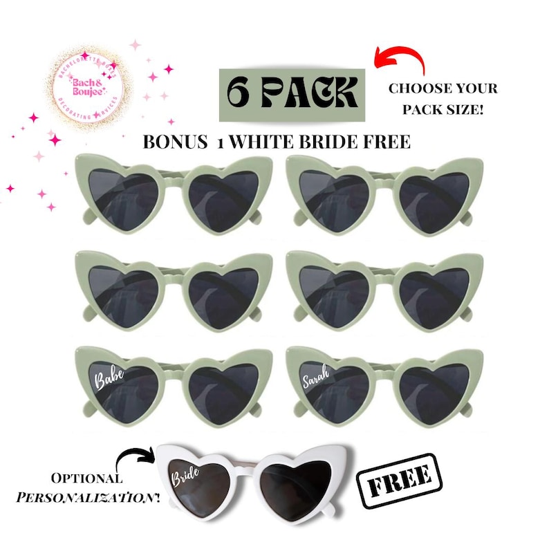 May include: A collection of heart-shaped sunglasses in a light green color, with dark lenses. The image includes a white pair of sunglasses with the word "Bride" on the lens. Text on the image reads "6 PACK", "Bonus 1 White Bride Free", and "Optional Personalization!"