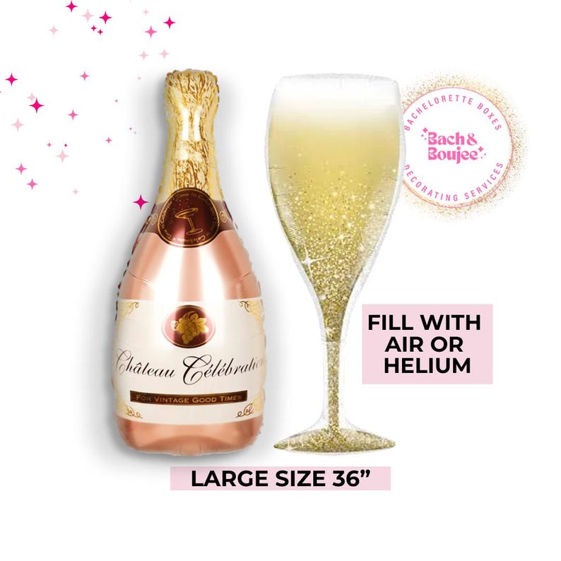 May include: A large gold and rose gold champagne bottle and glass balloon set. The bottle is 36 inches tall and features the text "Ch&acirc;teau C&eacute;l&eacute;brati" and "Vintage Good Times". The set is perfect for a bachelorette party or other celebration.