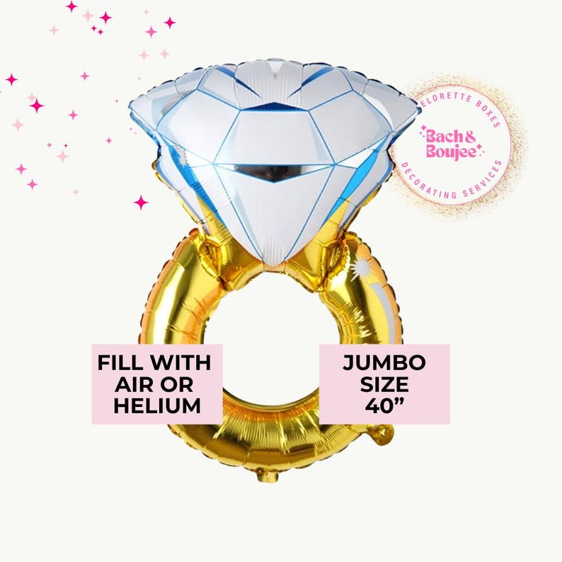 May include: A jumbo-sized diamond ring balloon, 40 inches in size, with a white and blue diamond and a gold ring. The balloon is designed to be filled with air or helium. Text on the balloon reads "Fill with air or helium" and "Jumbo Size 40".