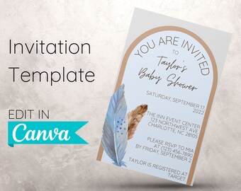 Blue Boho Feather Invitation | Wedding, Baby, Shower, Invite, Party, Canva, Customizable, Canva Digital Template