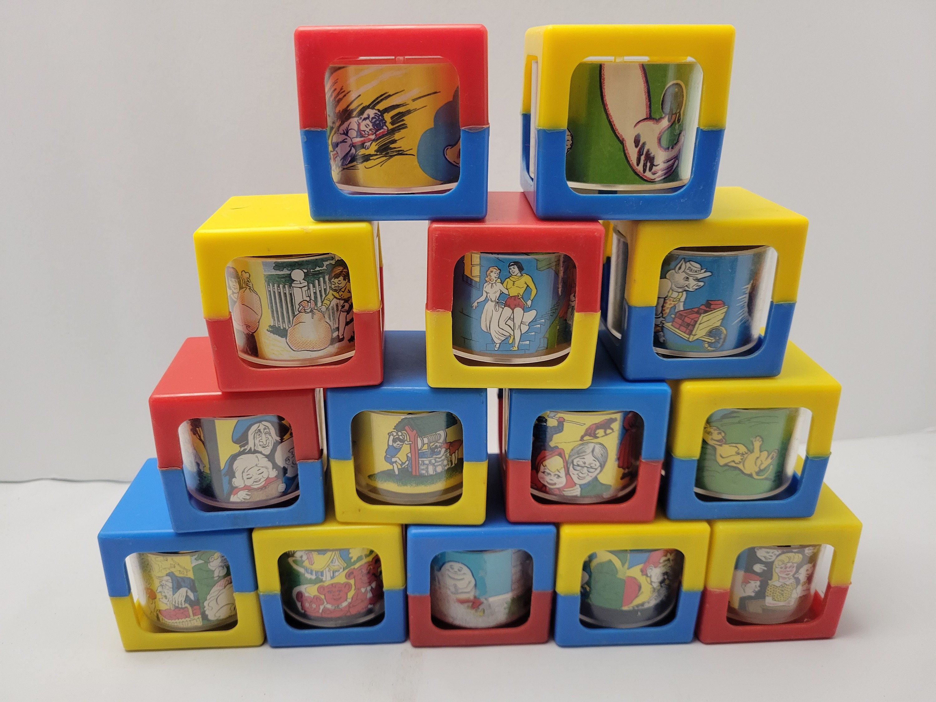 Vintage Story Blocks 1967 Steven Mfg Co Plastic Rattle Blocks Lot of 14 Spinning Picture Story