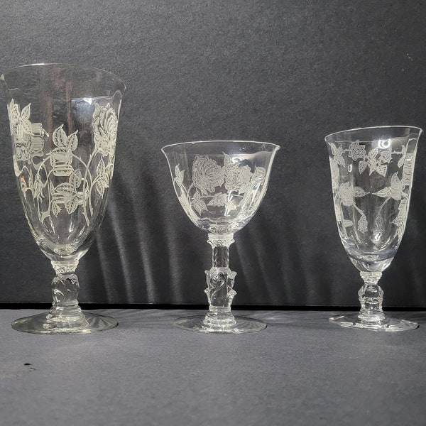 1940s Heisey Rose Etched Water Goblet, Cordial Glass or Sherbert Glass Discontinued