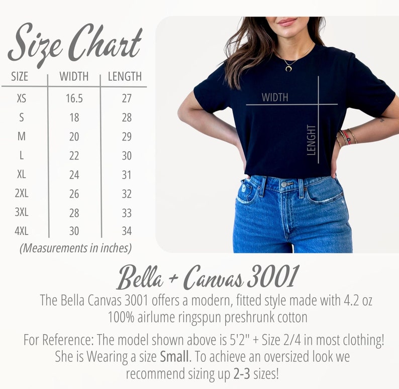 Pu&ograve; includere: Tabella delle taglie per le t-shirt Bella + Canvas 3001, che mostra le misure di larghezza e lunghezza in pollici per le taglie XS a 4XL. La tabella include una foto di un modello che indossa una t-shirt nera e jeans blu.