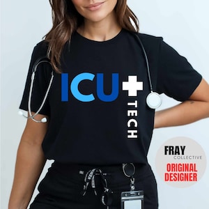 May include: Black t-shirt with the text "ICU+TECH" in white and blue. The "ICU" is in blue with a gradient from light blue to dark blue. The "TECH" is in white. A stethoscope is draped around the person's neck.