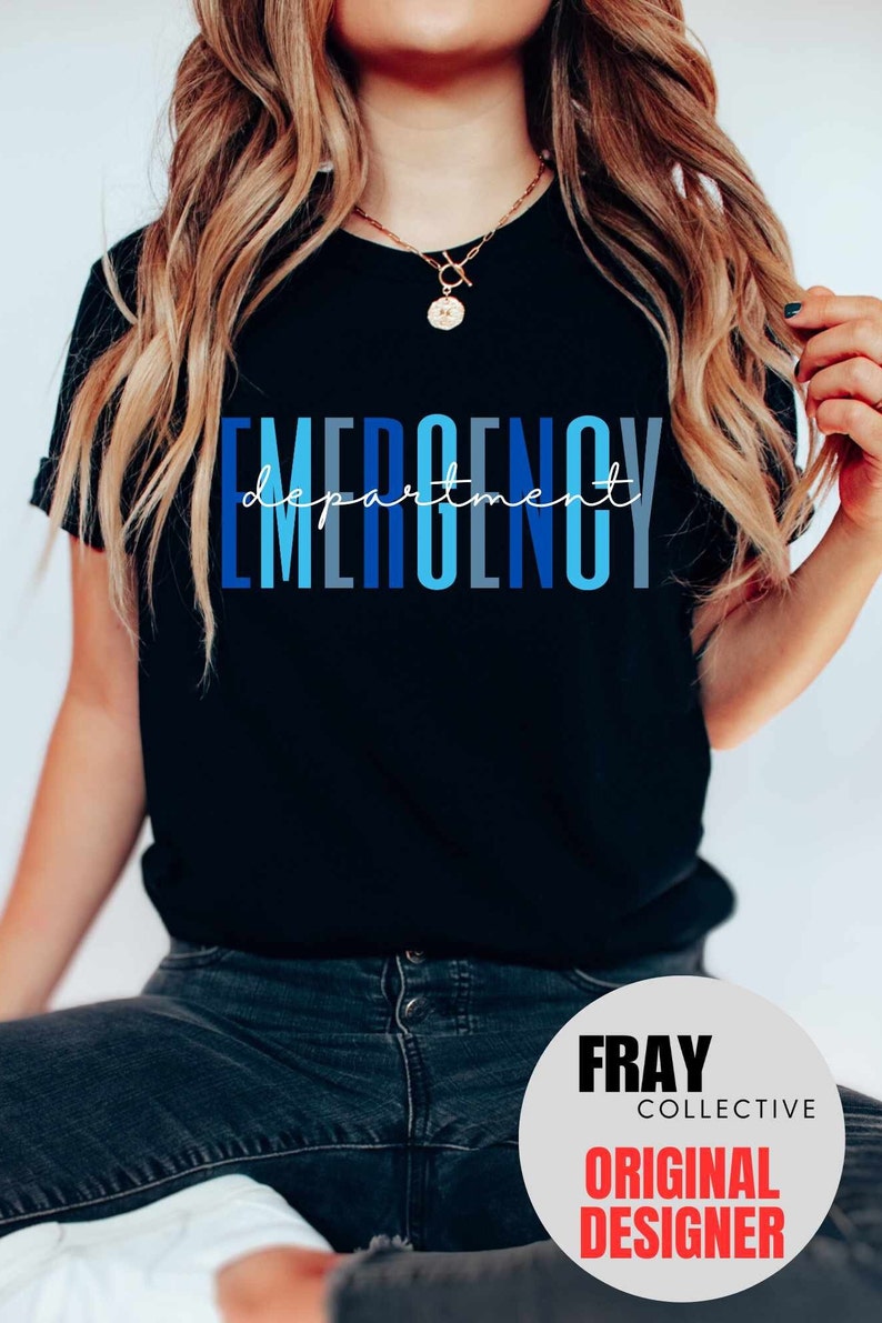 May include: A black t-shirt with the text "EMERGENCY department" in blue and gray lettering. The text is stacked vertically with the word "department" written in cursive script.