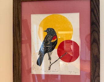 Red-Winged Blackbird Male — Original Reduction Linocut Print, 8x10 on 11x14