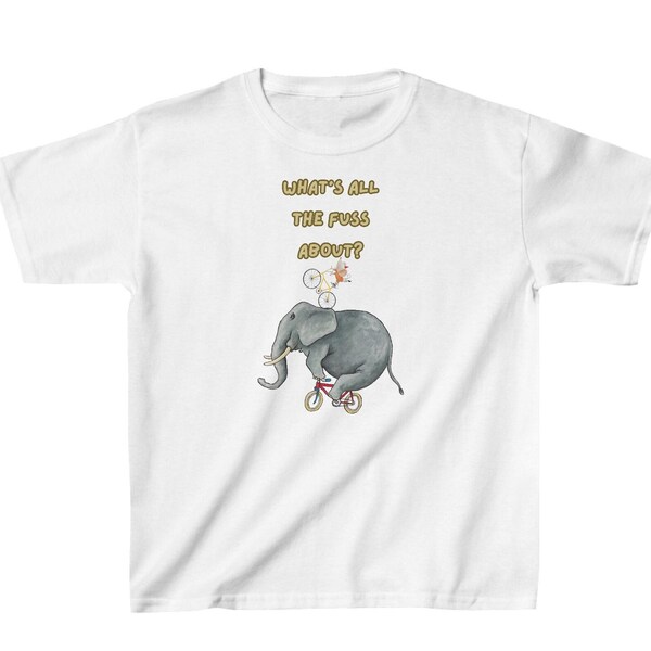 What's all the Fuss About, Funny, Comic, Hilarious, Elephant/Riding Bicycle,Attention on the Elephant or the Mouse,  Kids Heavy Cotton™ Tee