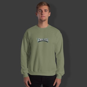 Puede incluir: Una sudadera de color verde claro con un logotipo negro y verde que dice "DELCO" en la parte delantera.