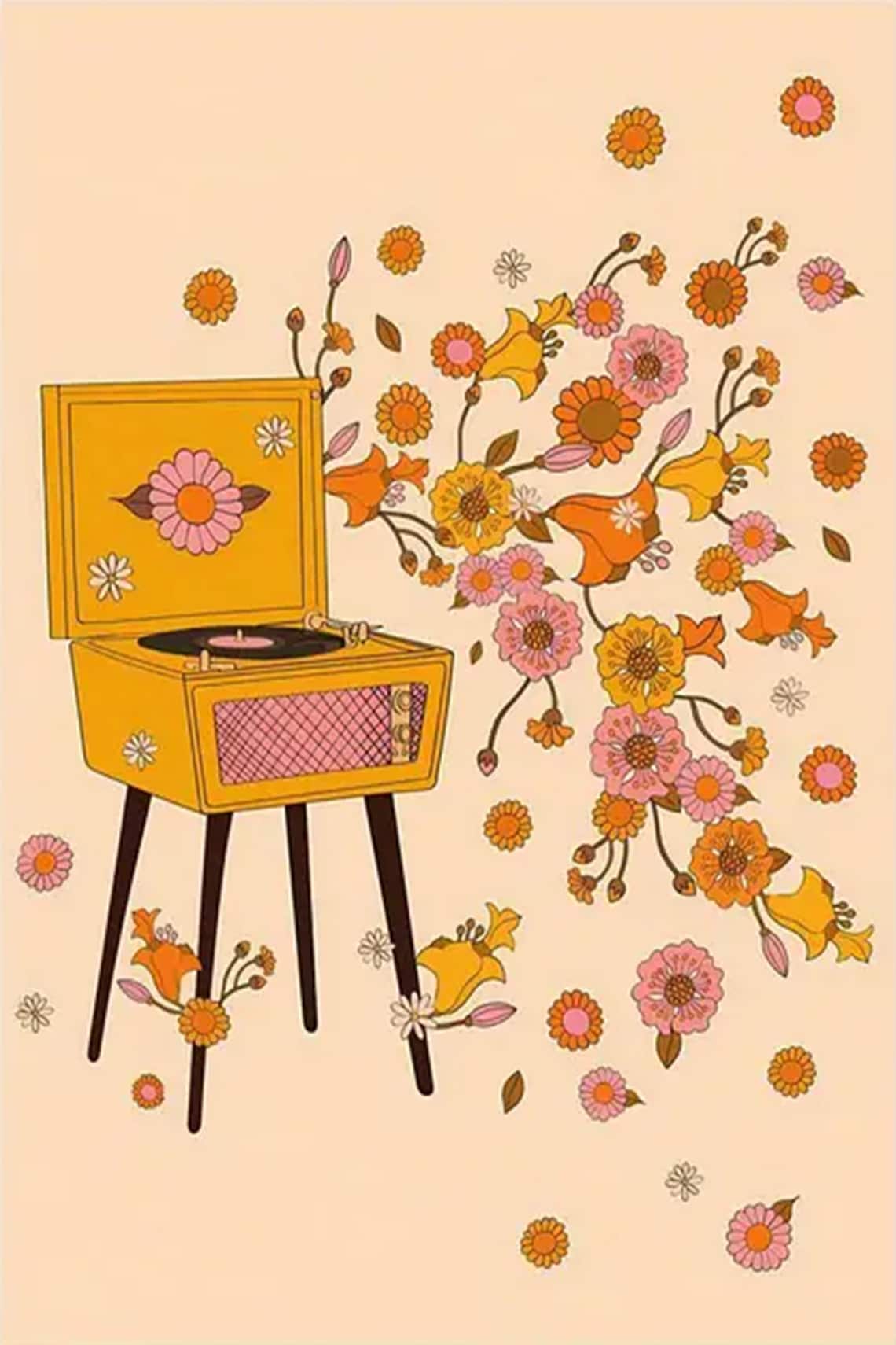 70S Bohemian Turntable Vintage Poster, Music Lover Poster Wall Art for