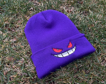 Adult Embroidered Gengar Pokemon Themed Purple Ghost Beanie | Kawaii