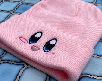 Embroidered Kirby Face Beanie: Adult Pink Kawaii Cuffed Beanie