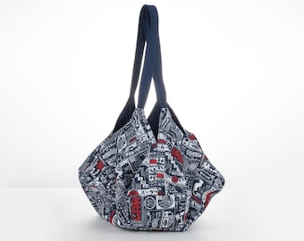 Tote bag/ Japanese Origami Bag/Japanese Style Billboards - Navy/Vantage/Canvas/Double Sided/Mid-size Shopping Bag/Eco Bag/Handmade