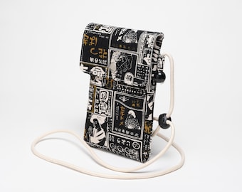 Japanese Print Phone Bag: Cotton Smartphone Holder with Snap Closure