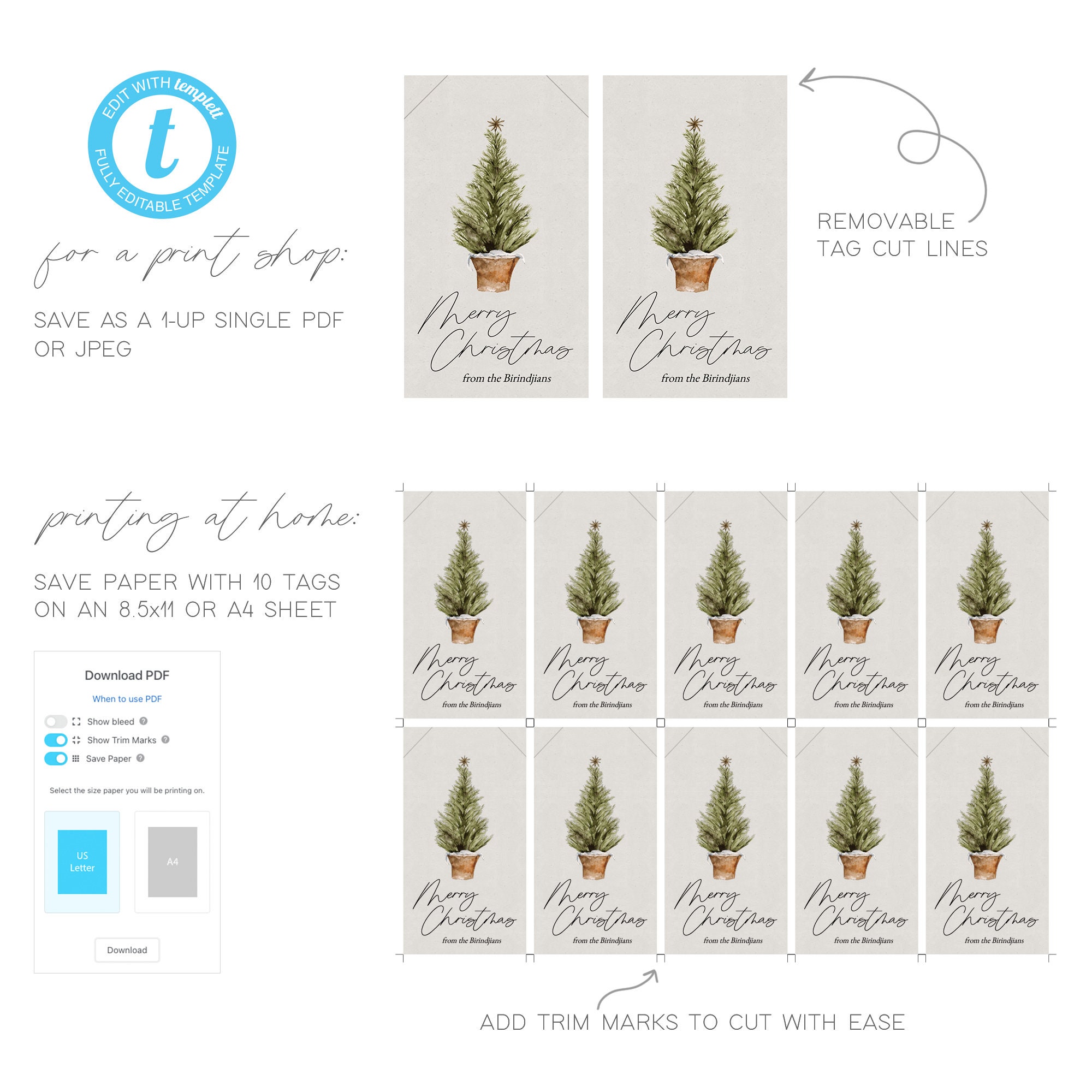 Editable Christmas Gift Tag, Christmas Template, Holiday Gift Tag, Edit ...