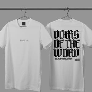 May include: Two white t-shirts hanging on a metal rod. The front of the first shirt has the text "JAMES 122" in black. The back of the second shirt has the text "DOERS OF THE WORD" in a gothic font, with additional text and a barcode.