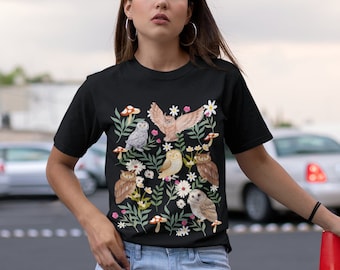 Owl Tshirt Black, Cottagecore Owl Shirt, Owl Gift, Cottagecore Top, Owl Lover Gift, Cottage Core Owl Tee, Graduation, Mushroom Tee