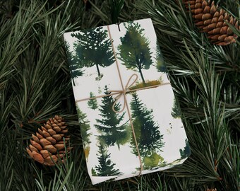Dennenbomen kerstcadeaupapier met witte achtergrond, op de natuur geïnspireerd inpakpapier, cadeaupapier, vakantiepapier