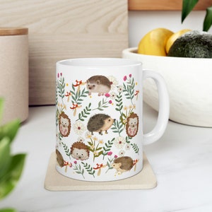 Cute Hedgehog Gift Mug, Cottagecore Coffee Mug, Nature Lovers Coffee/Teacup Forest Foliage Woodland Creatures Gift Mug for Mom or Friend