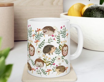 Cute Hedgehog Coffee Mug, Forest Foliage, Woodland Creatures