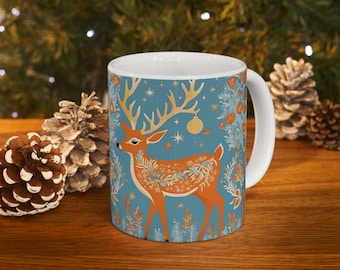 Golden Nordic Christmas Deer Mug, Gold Deer on Blue Background, Scandinavian Holiday