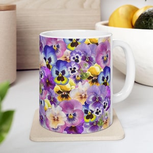 Mug with Bouquet of Pansies, Garden Mug, Purple Flowers, Mother’s Day Gift, Mom - Grandma - Nana Gift, Tea or Coffee Mug, Gift for Her