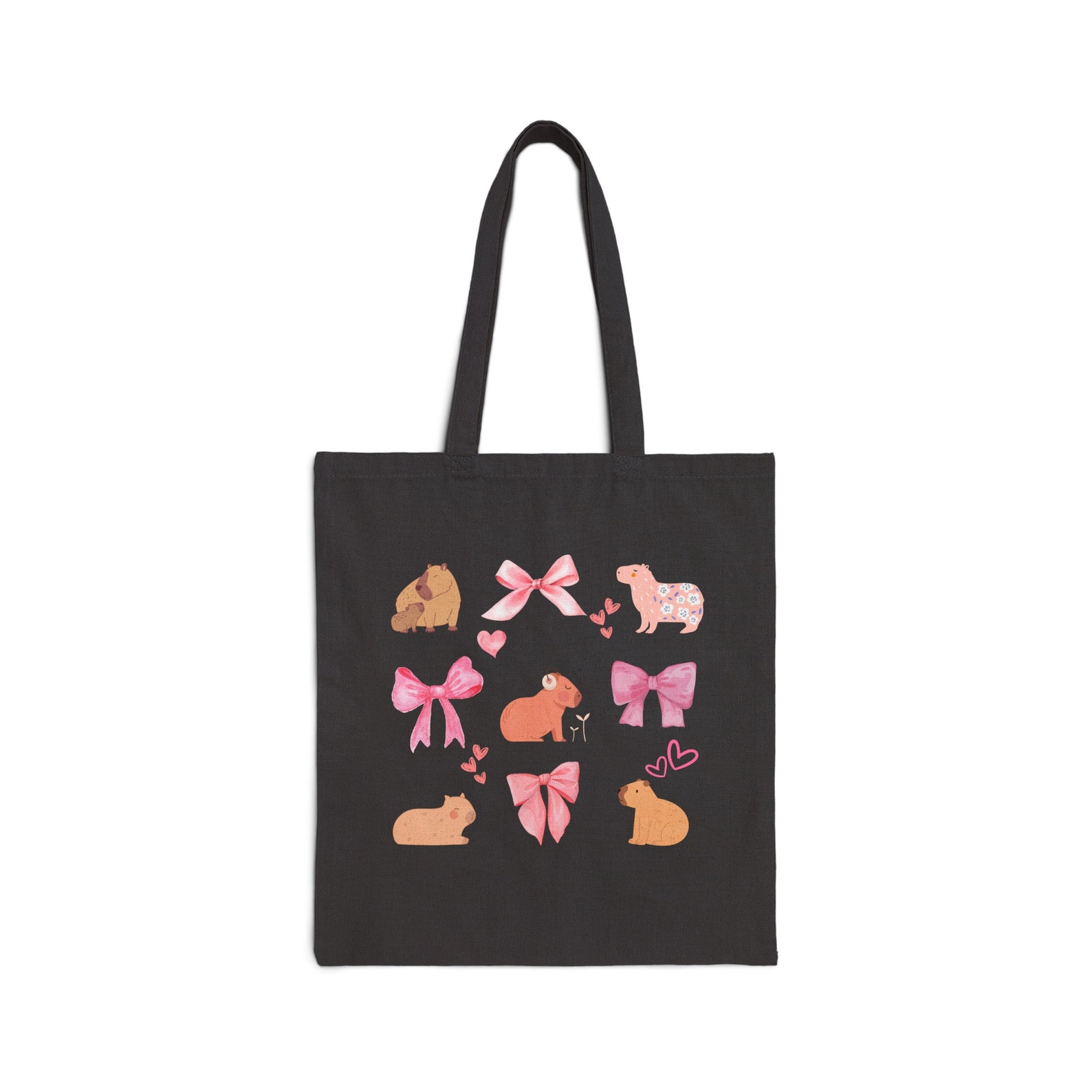 Capybara Coquette Cotton Tote Bag, Pink Bow and Ribbons Tote, Animal ...