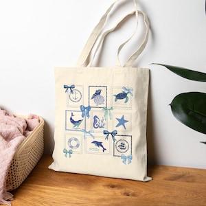 Cabas de plage avec timbres sur le thème de l'océan avec noeuds, sac en toile de coton aux airs de marine, sac écologique, cadeau pour elle, cartable de rentrée
