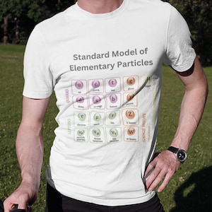 Op de afbeelding: Wit T-shirt met een afbeelding van het Standaardmodel van elementaire deeltjes. De afbeelding toont de verschillende soorten quarks, leptonen en gauge-bosonen.