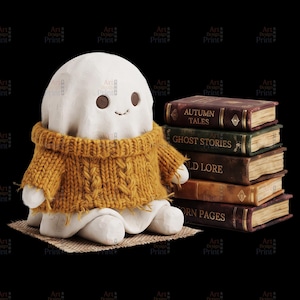 Puede incluir: Una figura de fantasma blanco con un suéter de punto trenzado color amarillo mostaza, colocada junto a una pila de cuatro libros de estilo antiguo con los títulos Autumn Tales, Ghost Stories, Old Lore y Torn Pages en el lomo sobre fondo negro.