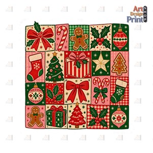 May include: A square decorative textile featuring a grid of sixteen Christmas-themed squares. Patterns include gingerbread people, candy canes, red and green stockings, wrapped gifts, holly leaves, Christmas trees, stars, and ornaments.