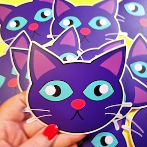 Purple Cat Sticker, Big Laptop Sticker, Giant Drink Bottle Sticker, Journal Sticker, Kitty Cat Stationery, Kid&#39;s Sticker, Cute Gift
